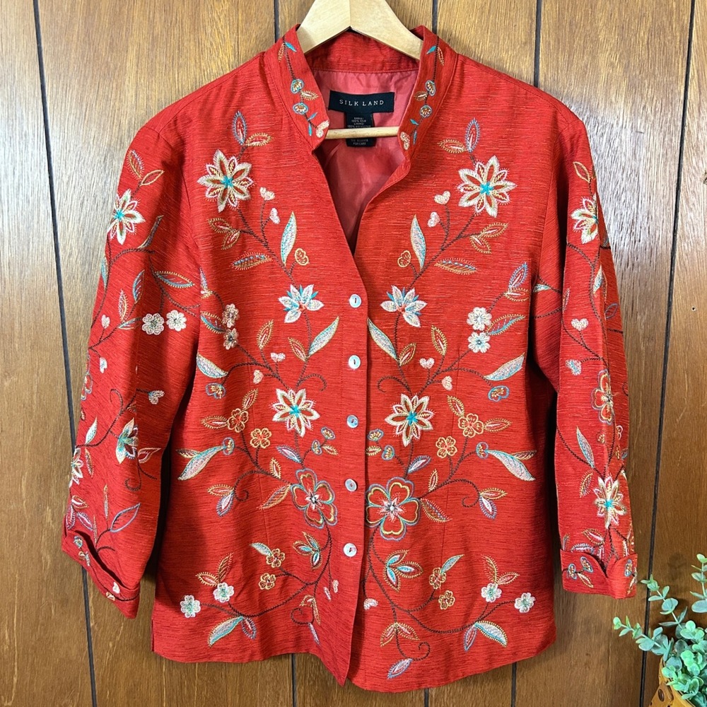 Vintage Silk Land Red Embroidered Floral Mandarin Collar Jacket Blazer Women's M